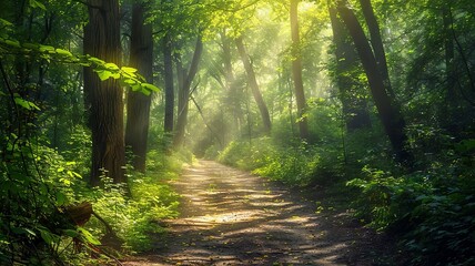 Obraz premium Sunlit Pathway through a Lush Green Forest in Midday Light