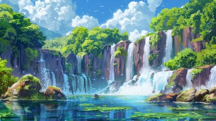 Waterfall on beautiful natural landscape, Digital painting, Anime style.