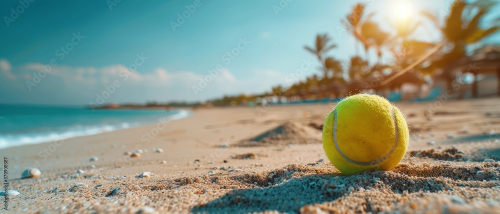 Wall mural a tennis ball on a sandy beach, surrounded by palm trees, and the ocean in the foreground