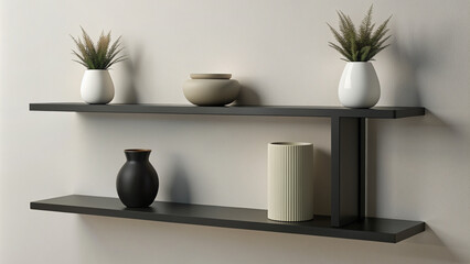 Two black shelves with white and beige vases and plants