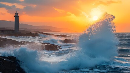 Lighthouse Sunset with Crashing Waves
