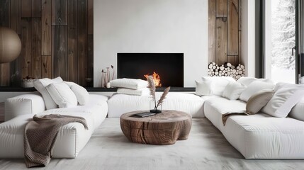 Fototapeta premium Cozy Scandinavian Style Living Room Interior with Modern and Minimalist Deco
