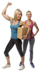 Obraz premium Two Women Holding a Cardboard Box While Wearing Athletic Clothing