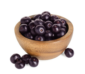 Fresh ripe acai berries in bowl isolated on white