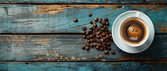  A cup of coffee atop a wooden table, beside a stack of coffee beans