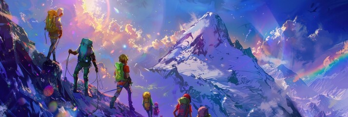 Vivid colors of sunset on snowy mountain trail