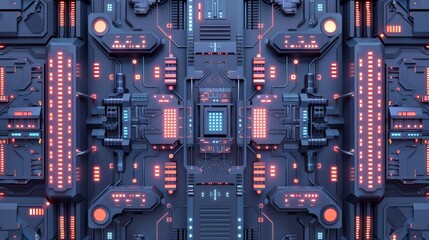 Interface with modular data nodes top view depicting modular architecture advanced tone Triadic color scheme