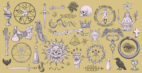  alchemical symbols in the style of medieval engraving.