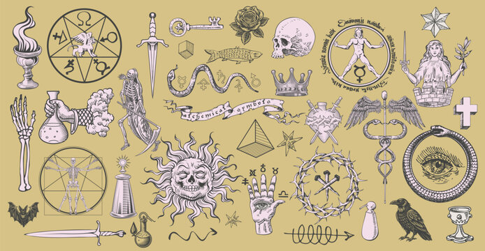  alchemical symbols in the style of medieval engraving.