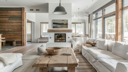 cozy living room interior scandinavian style, modern, minimalistic, fireplace, wooden table, couch