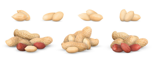 Many different peanuts isolated on white, set