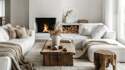 Fototapeta premium cozy living room interior scandinavian style, modern, minimalistic, fireplace, wooden table, couch