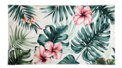Beach mat with tropical print on white background or PNG