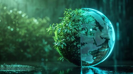 Worldwide environmental conservation side view depicting ecological efforts futuristic tone Splitcomplementary color scheme