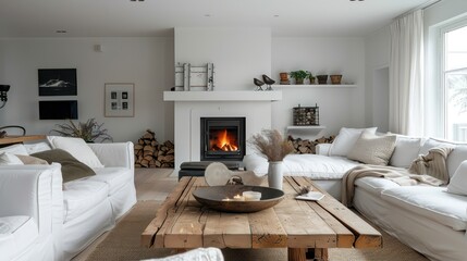 cozy living room interior scandinavian style, modern, minimalistic, fireplace, wooden table, couch