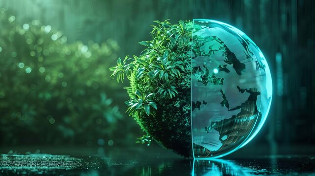 Worldwide environmental conservation side view depicting ecological efforts futuristic tone Splitcomplementary color scheme