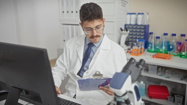 A focused male scientist analyzes data on a computer in a modern laboratory setting, surrounded by research equipment.