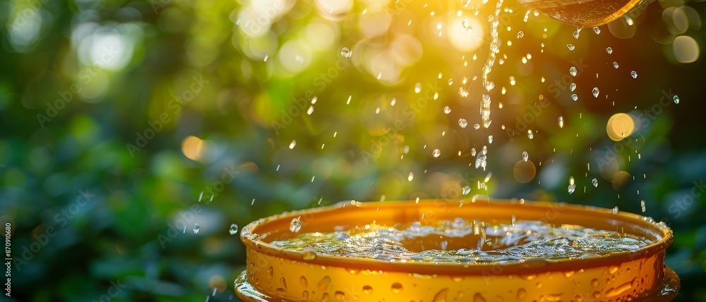 Poster  A tight shot of a bowl filled with water Droplets cascade from its rim, illuminated by the sunlight Sunbeams filter through the tree canopy behind