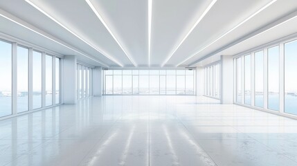 Obraz premium An empty office space with floor-to-ceiling windows overlooking a cityscape