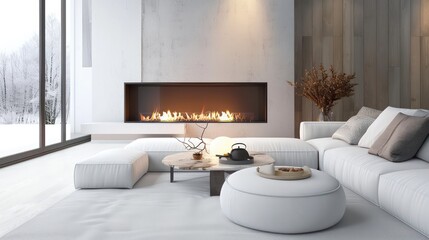 Fototapeta premium cozy living room interior scandinavian style, modern, minimalistic, fireplace, wooden table, couch