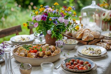 A table set for a traditional Midsummer feast, with an array of mouthwatering dishes and a centerpiece of freshly picked wildflowers. 