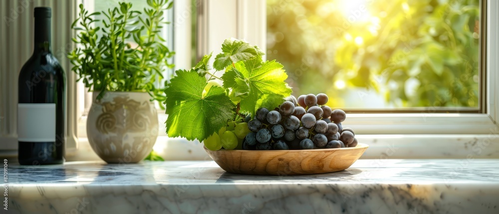 Poster  A bowl of grapes and a bottle of wine rest on a windowsill