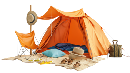 Beach tent setup with accessories on white background or PNG