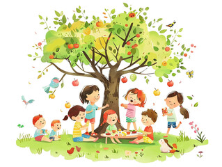 Fototapeta premium Children hand drawn, group of kids picnic and play under a tree. They look happy and smile.