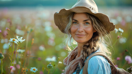 Smiling woman in a sun hat stands in a beautiful blooming field on a sunny day, surrounded by colorful wildflowers.