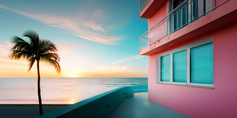 Fototapeta premium A Tranquil Pink Miami Paradise at Sunset on a Tropical Beach Travel Holiday Relax