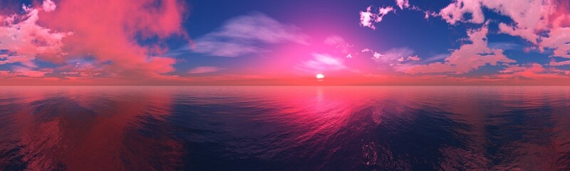 Pink sunset on the ocean, seascape at sunset, 3D rendering