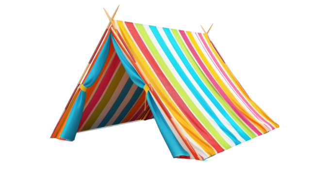 Beach tent with colorful stripes on white background or PNG