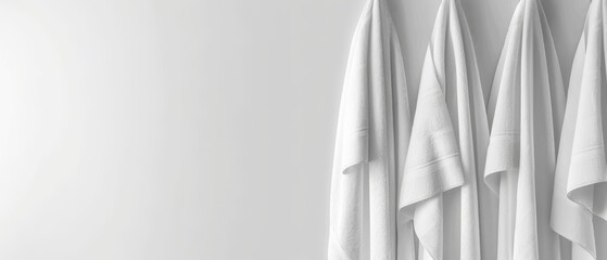  Three towels, white, hang on the wall before a white background Each towel is also white and suspended individually