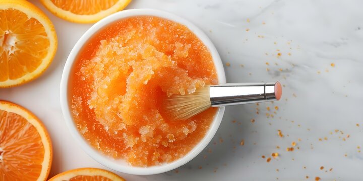 Top view of homemade orange grapefruit scrub in white bowl with brush. Concept Homemade Skincare, Citrus Ingredients, DIY Beauty Products, Flatlay Photography