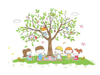 Children hand drawn, group of kids picnic and play under a tree. They look happy and smile.