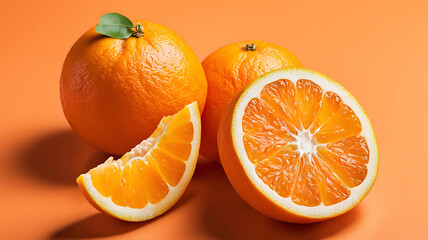 Fresh juicy orange slices on orange background