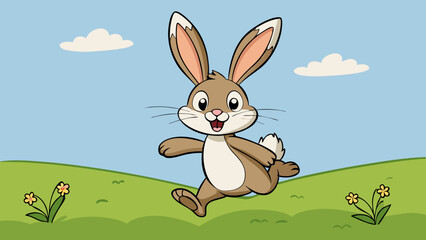 a hand drawing cute bunny hopping through a field
