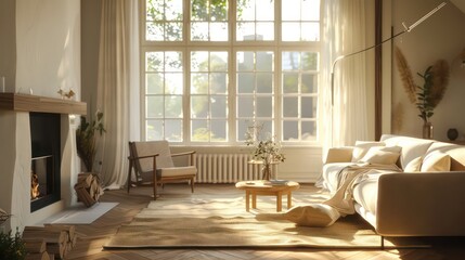Fototapeta premium cozy living room interior, scandinavian interior with wooden table and fireplace