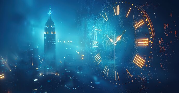 Illustration of a clock glowing yellow in a blue city