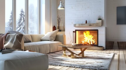cozy living room interior, scandinavian interior with wooden table and fireplace