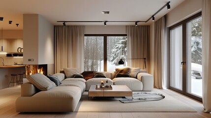 cozy living room interior, scandinavian interior with wooden table and fireplace