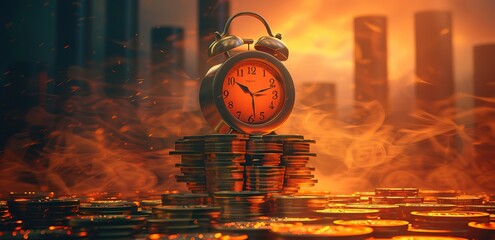 Illustration of an alarm clock on a pile of coins with orange smoke and a light yellow and black background
