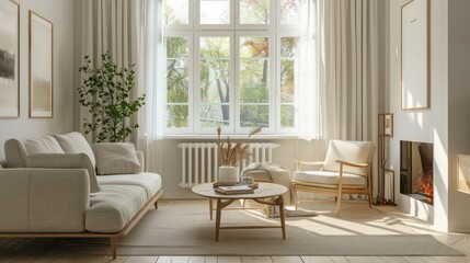 Fototapeta premium cozy living room interior, scandinavian interior with wooden table and fireplace