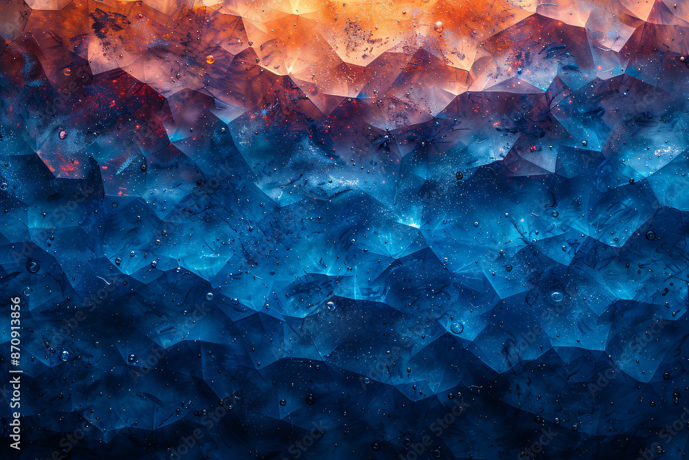 Poster a textured surface of overlapping blue polygons with varying shades and intricate light reflections,