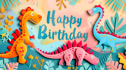 Text "Happy Birthday with with dinosaurios on pastel background