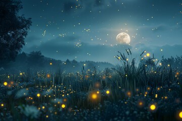 A tranquil meadow bathed in the soft glow of the Midsummer moon, with fireflies dancing in the air, creating a magical atmosphere.