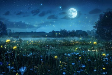 A tranquil meadow bathed in the soft glow of the Midsummer moon, with fireflies dancing in the air, creating a magical atmosphere.