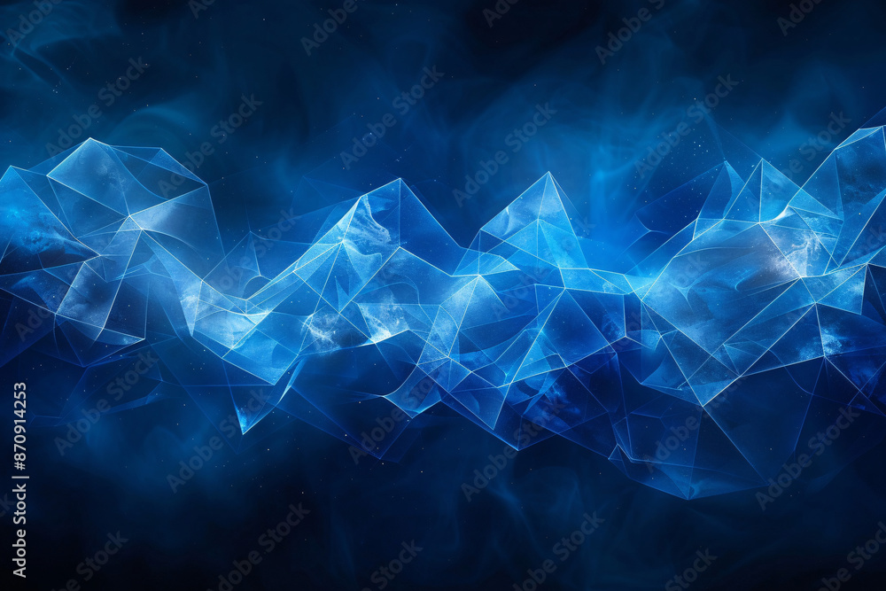 Poster a vibrant abstract pattern of interconnected blue polygons against a dark, smoky background, creatin