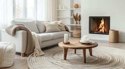 Fototapeta premium cozy living room interior, scandinavian interior with wooden table and fireplace