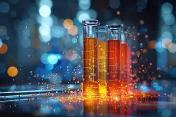Test tubes filled with colorful liquids stand on a wet laboratory surface, illuminated by vibrant, bokeh-style lighting, creating a dynamic scientific scene